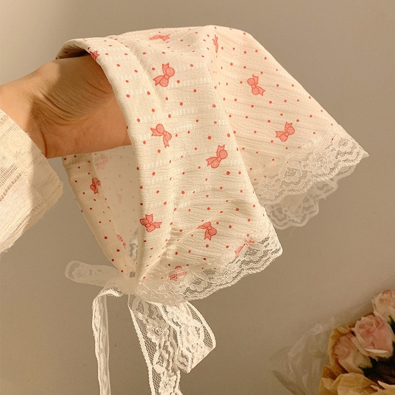 法式田园风碎花蕾丝三角巾头巾发箍一体女包头发带海边波西米亚风