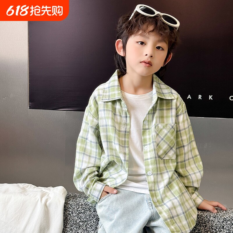 男童衬衫长袖春秋款2026新款中大童洋气时髦上衣男孩休闲衬衣纯棉