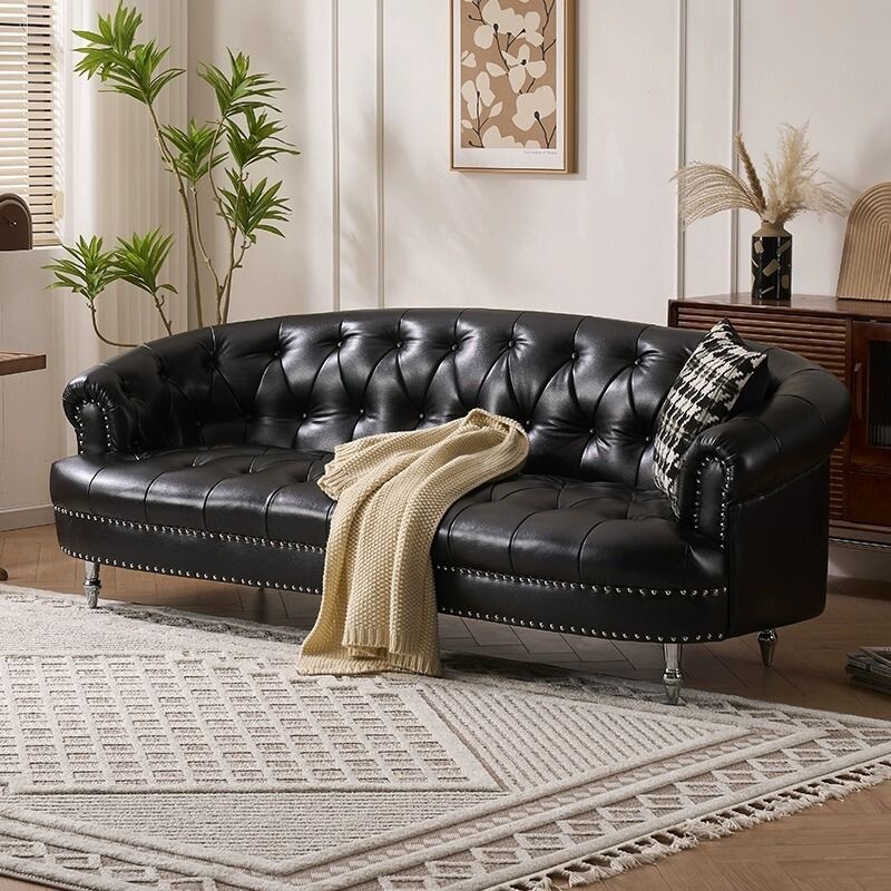 d美式复古黑色沙发小户型客厅直排拉扣轻奢美容院休闲皮艺沙发