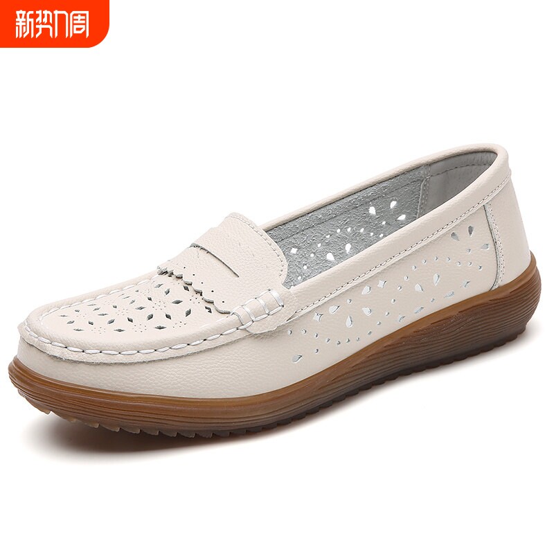 真皮豆豆鞋女2024春夏季浅口平底百搭防滑软底妈妈中老年休闲单鞋