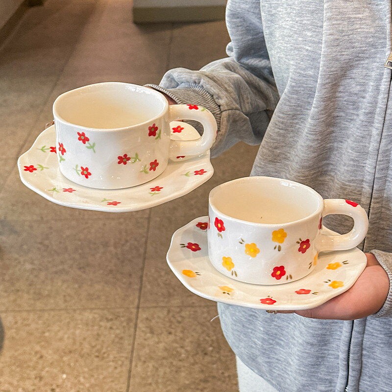 高颜值手绘咖啡杯碟釉下彩陶瓷马克杯下午茶拿铁杯送女生生日礼物