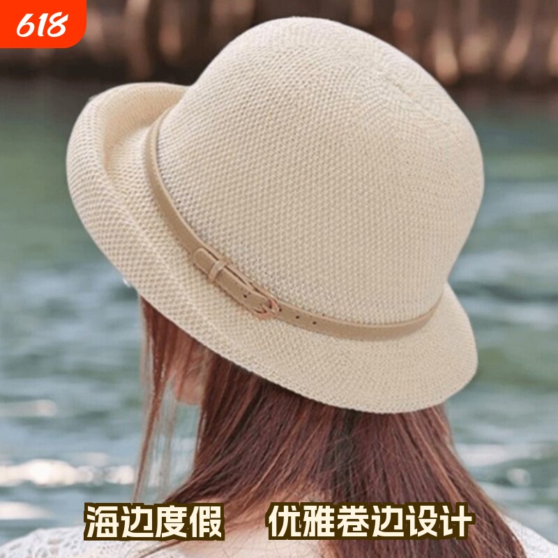 遮阳帽女春秋夏季礼帽透气薄款盆帽防晒渔夫帽白色黑色米白色卷边