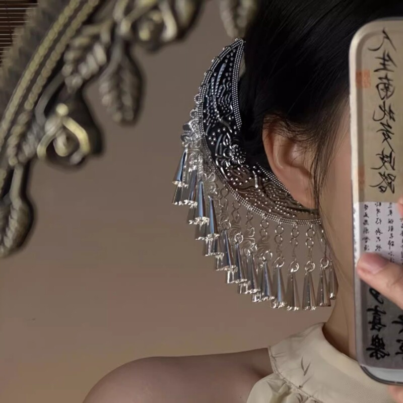 银铃坠梦~民族风头饰月牙流苏u型发簪女盘发苗族银色发钗簪子发饰