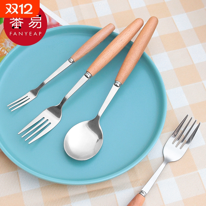 餐叉/木柄A1pl001-西餐叉勺子家用长柄叉子不锈钢餐具叉勺木柄