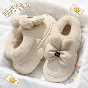 2025新款雪地靴女冬季包跟防水加绒加厚保暖包跟蝴蝶结棉拖鞋外穿