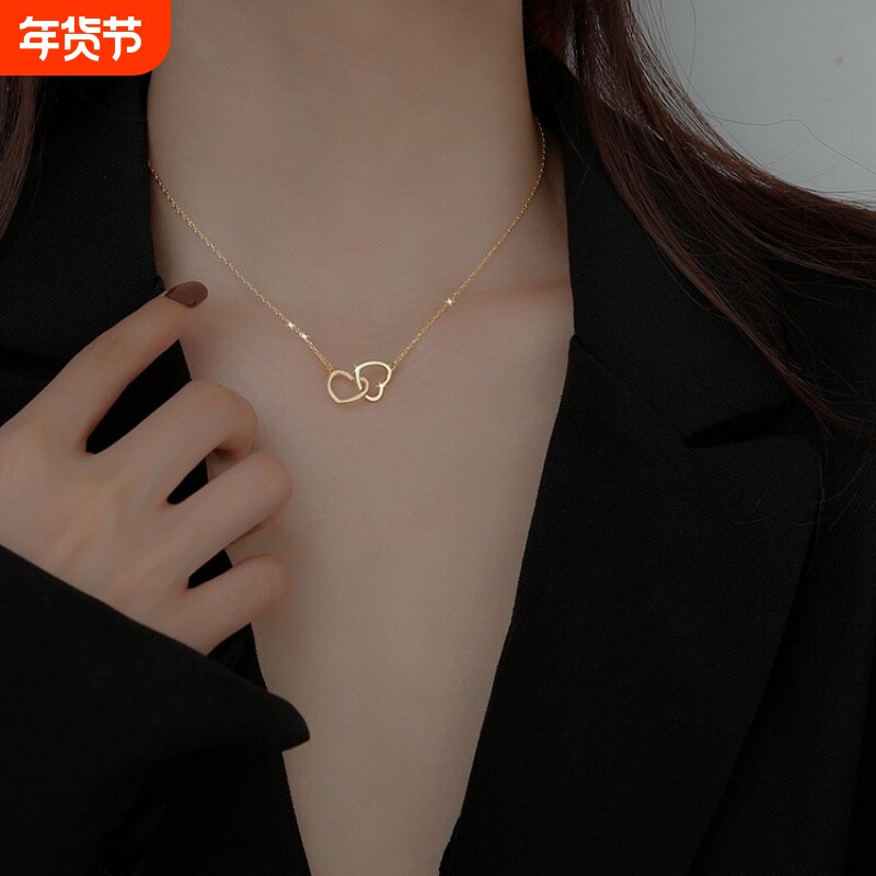 钛钢罗马双环玫瑰金心形项链女ins锁骨链轻奢小众简约百搭颈链