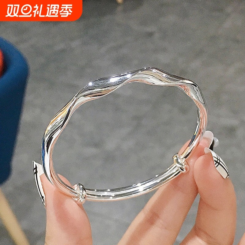 新中式平安福牌银色手镯女光面镯子年轻款送女友情人节礼物