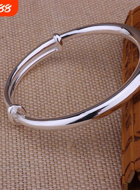幂琳纯银9999银手镯简约光面推拉扣手镯男女款伸缩时尚民族风刻字