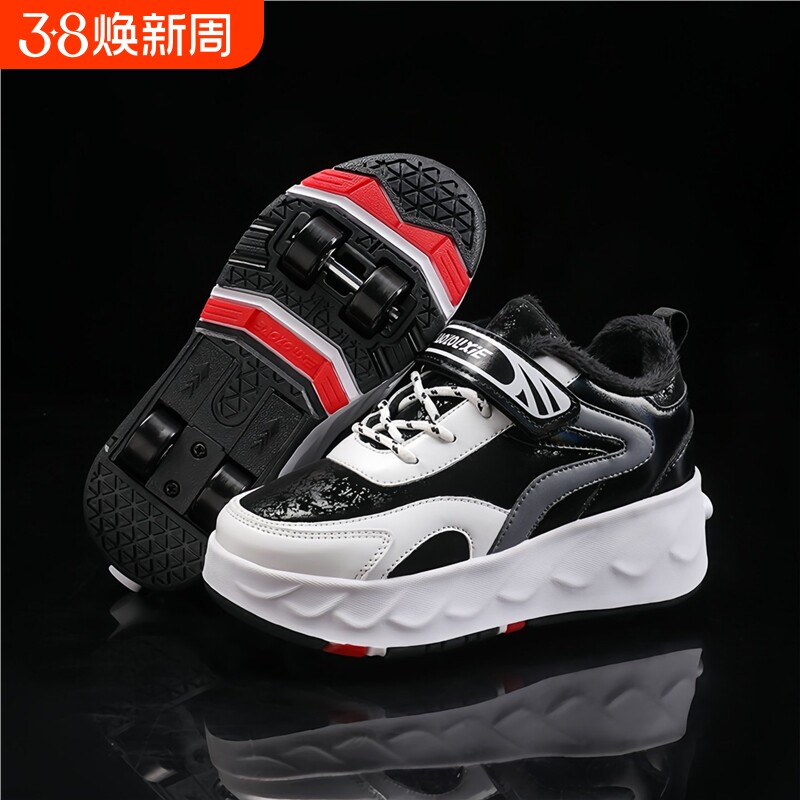 暴走鞋男童冬季加绒溜冰运动鞋飞行四轮可收缩儿童隐形运动轮滑鞋