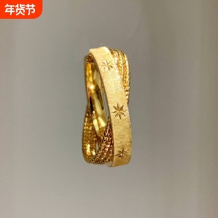 S925纯银水星记小双环拉丝金珠星芒戒指女中古风复古轻奢爆款指环