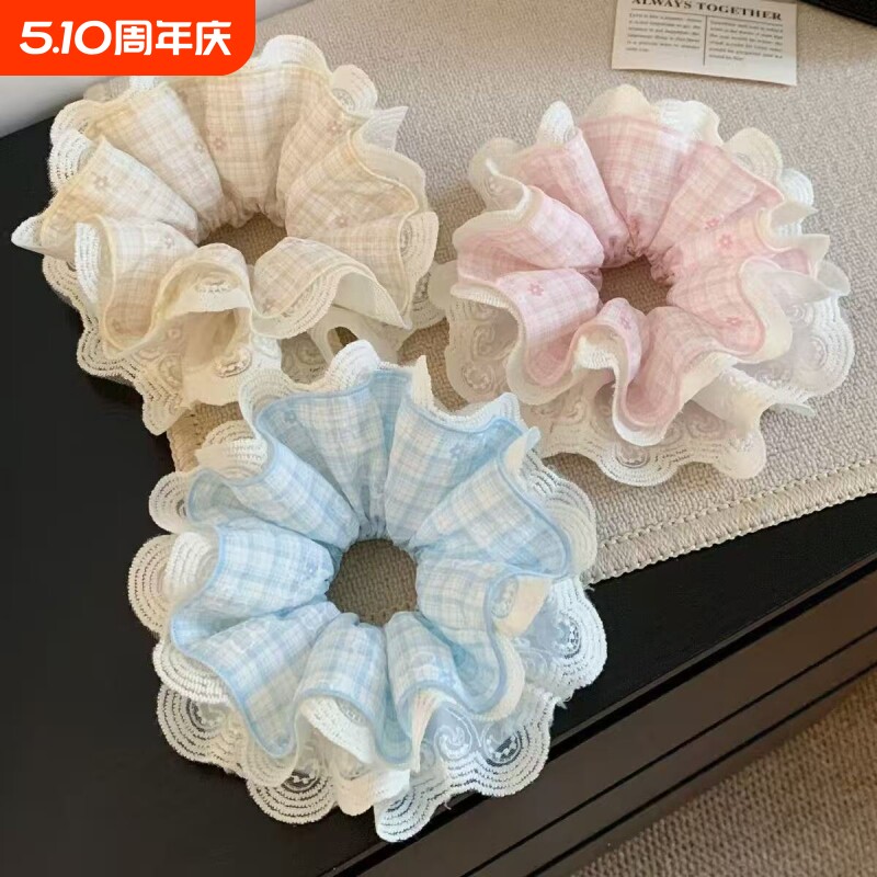 法式粉色格子蕾丝大肠发圈女加大号丸子头扎头发头绳头饰蓝色米色