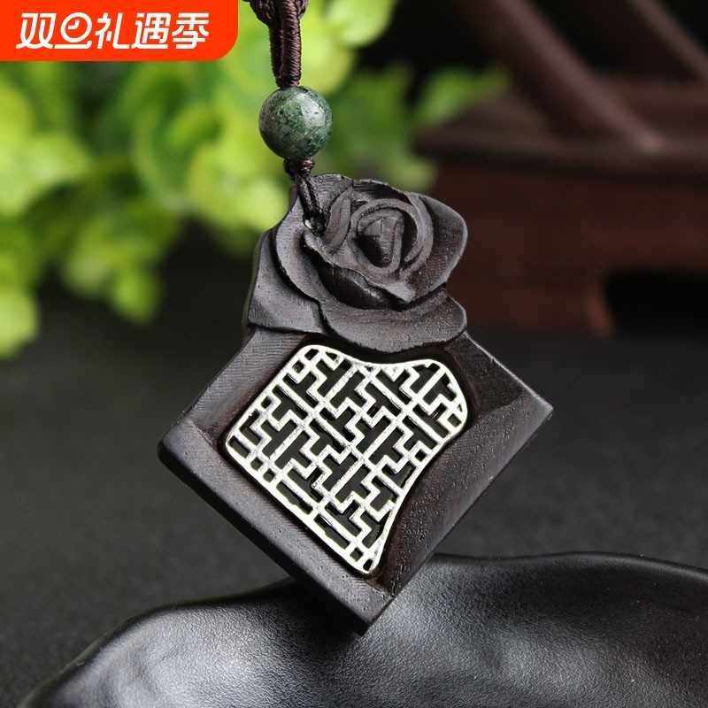 原创手工百搭民族风项链复古长款毛衣链女黑檀木吊坠木质装饰挂件