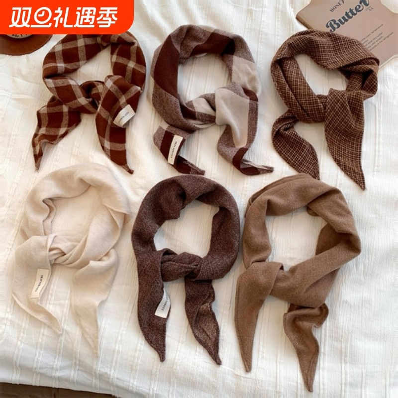 美拉德复古格子围巾女秋冬保暖装饰三角巾高级感系脖领巾配饰咖色