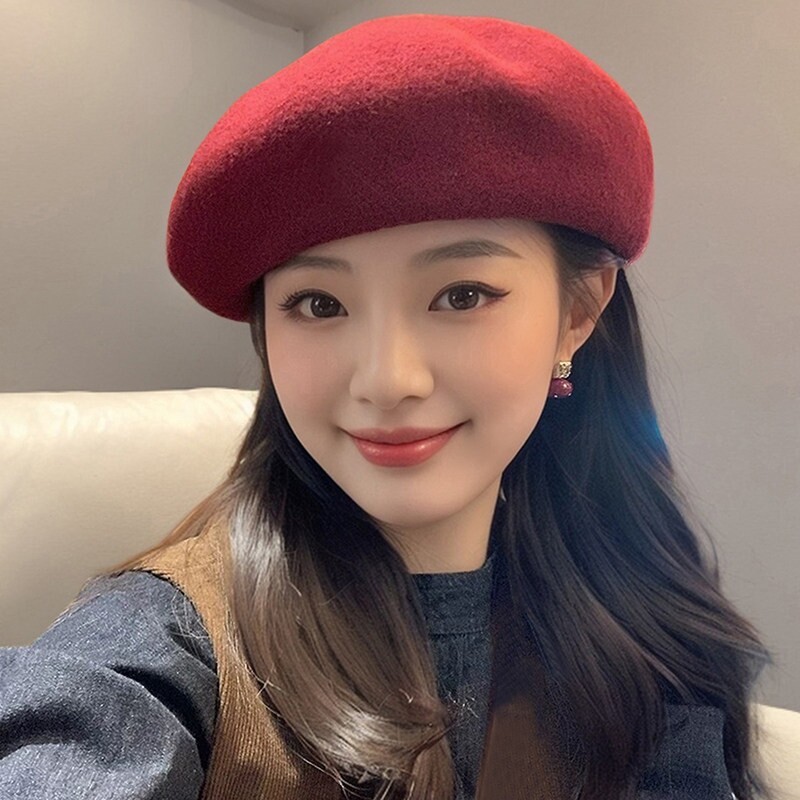 焦下安可拉红羊毛贝雷帽子女秋冬季显脸小毛呢蓓蕾帽方圆脸适合画
