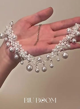 【暮色蔷薇】法式复古满天星多层仿珍珠流苏项链优雅气质锁骨链