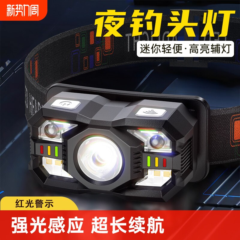 微笑鲨头灯强光充电超亮头戴式钓鱼户外超长续航智能感应LED夜钓