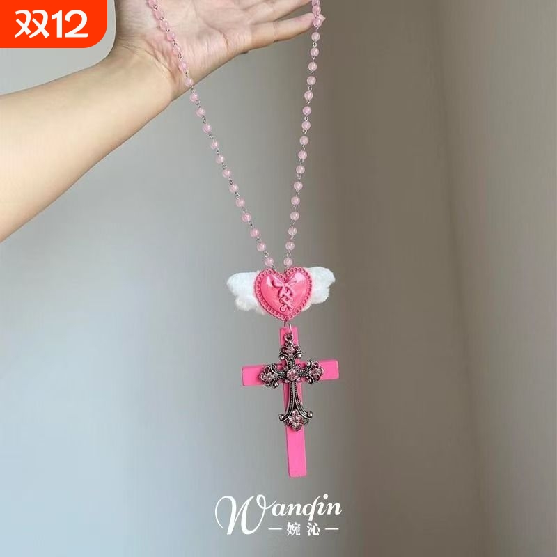 「不败天使」甜酷风粉色爱心十字架项链个性y2k辣妹亚文化配饰女