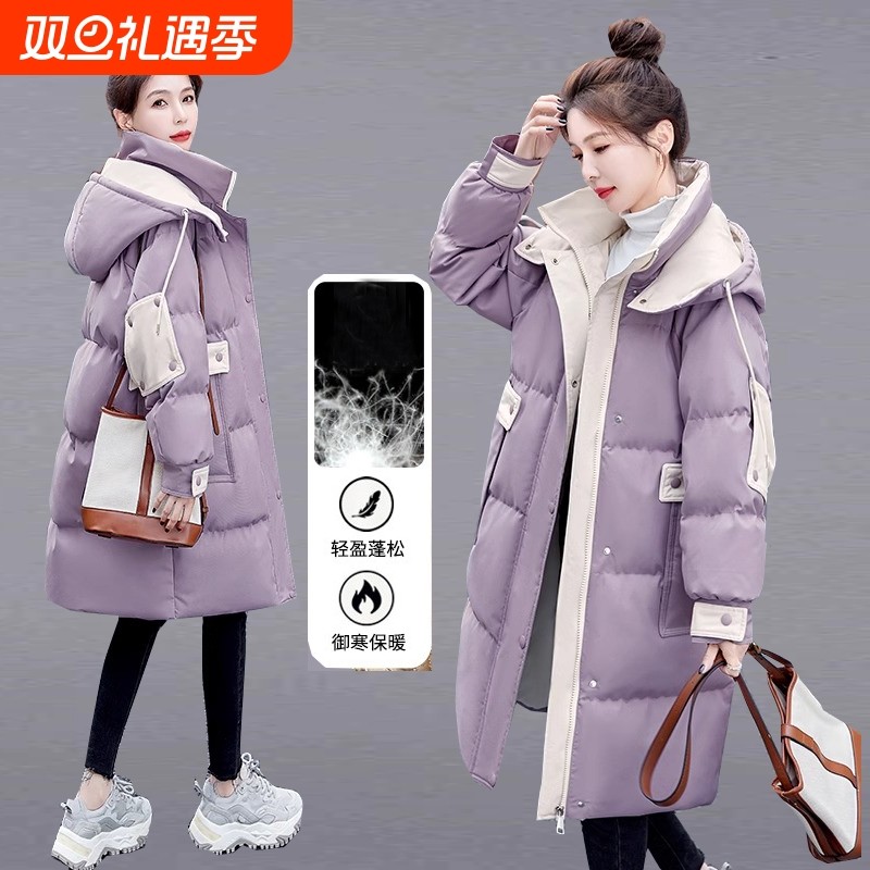 户外羽绒服外套女冬季2025年新款欧货加厚保暖中长款连帽紫色黑色