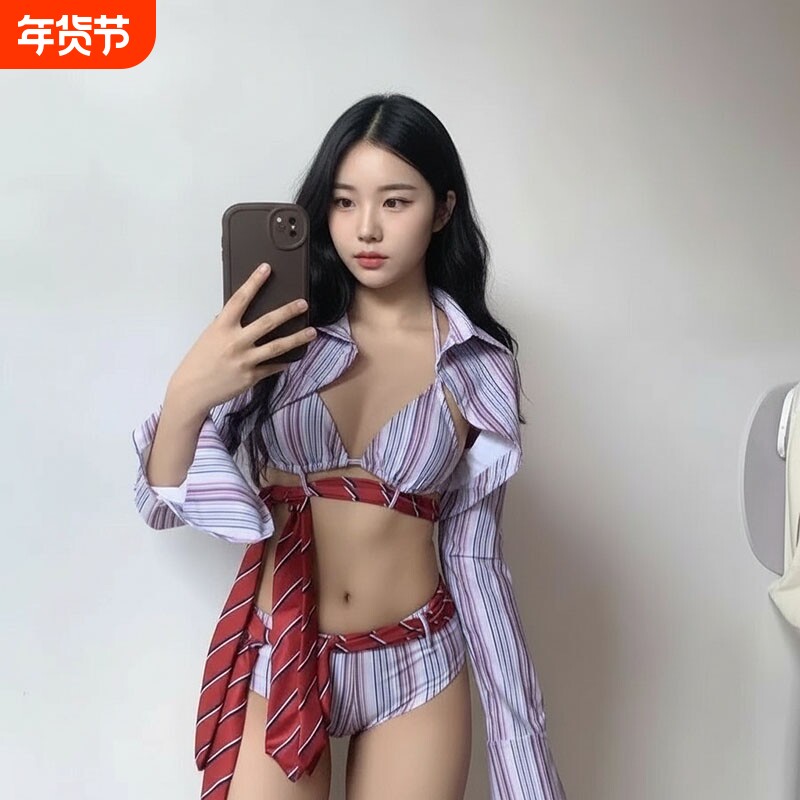 新款麻辣学姐条纹泳衣三件套性感辣妹风2025年新款设计感小众套装