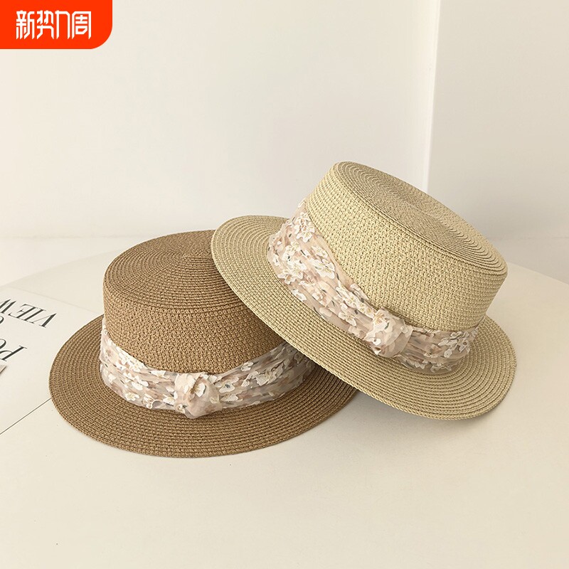 蕾丝法式草编帽子女夏季海边沙滩遮阳平顶草帽户外出游防晒草帽潮