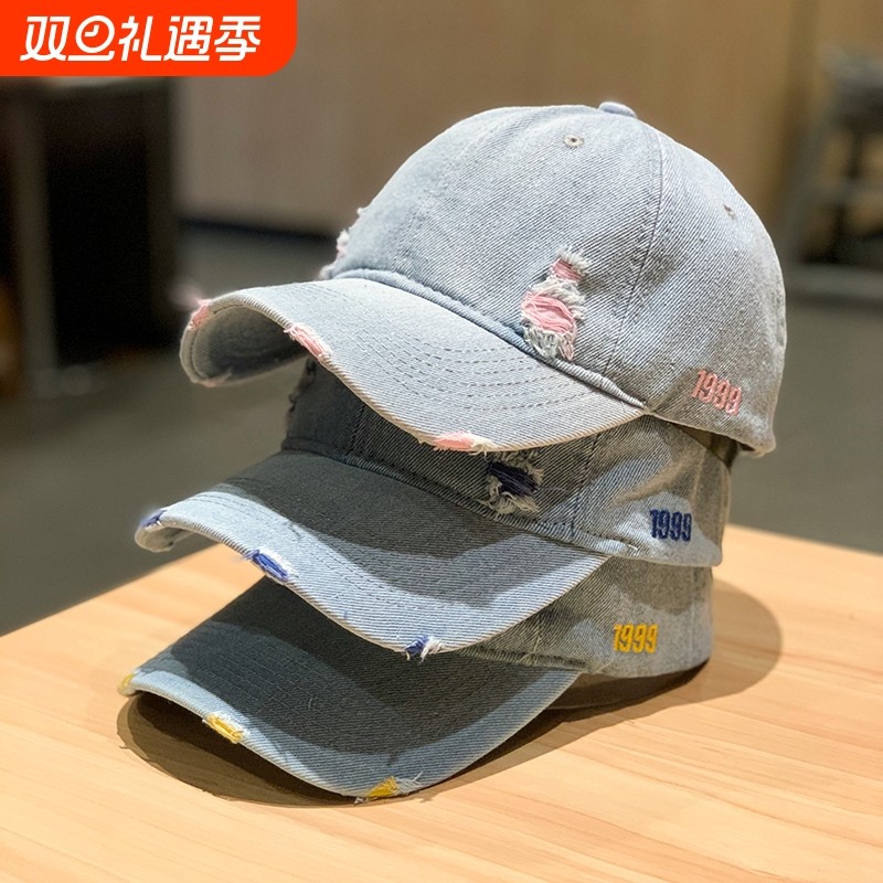 新款彩色破洞牛仔棒球帽女欧美时尚数字刺绣软顶鸭舌帽遮阳帽