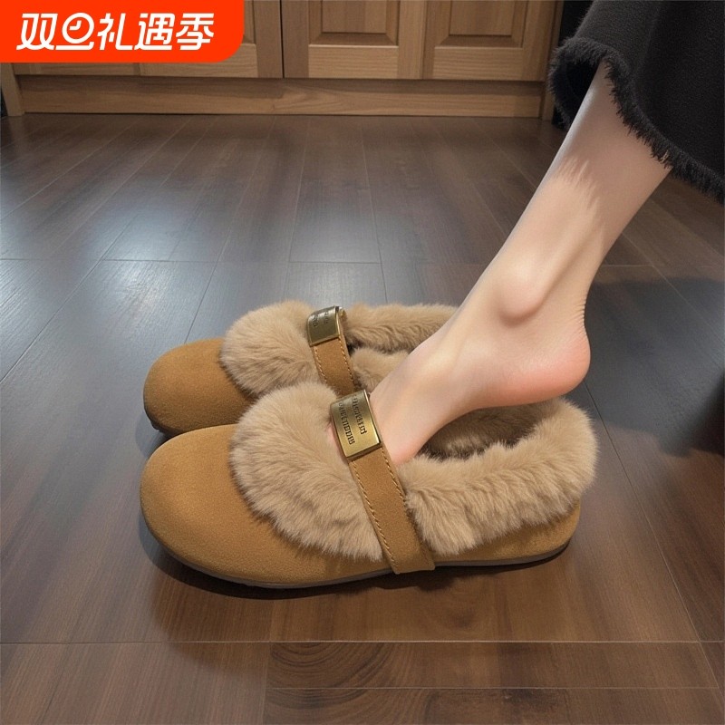 【水貂绒】毛毛鞋女2025新款冬季美拉德金属扣加绒保暖玛丽珍棉鞋