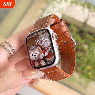 新款方扣适用苹果iwatchS11/S10皮质表带SE/UItra3/2/1智能手表表带S9/8/7轻奢时尚商务