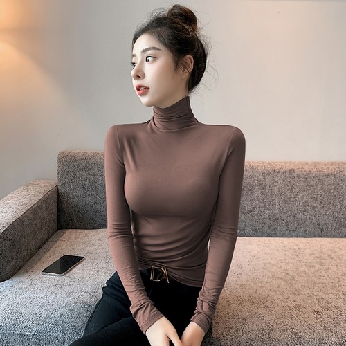 莫代尔高领打底衫女秋冬内搭磨毛t恤洋气修身长袖堆堆领保暖上衣