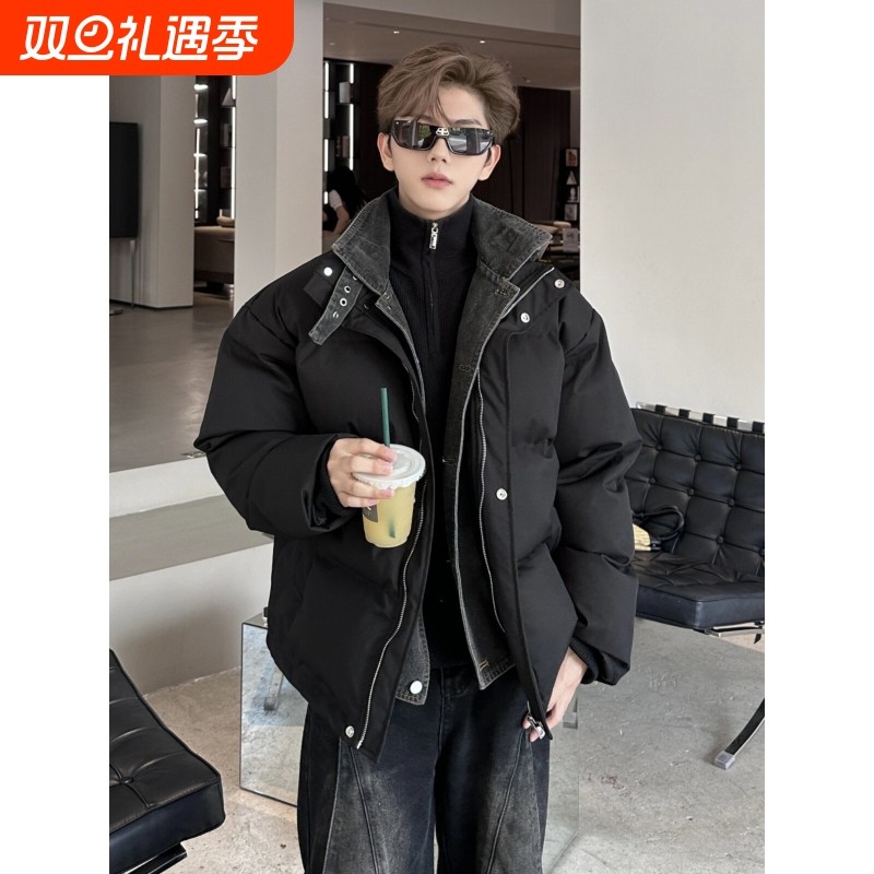 户外痞帅高级感牛仔拼接羽绒棉衣男款韩系穿搭假两件冬季面包棉服