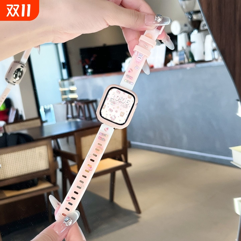 卡通彩印适用苹果手表s11表带猫咪装饰s10硅胶可爱9百搭8腕带3华为fit4pro小众亲肤佩戴舒适小米手环9pro