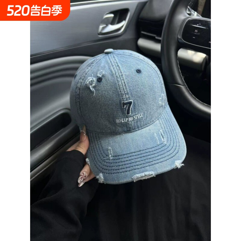 网红街头时尚做旧破洞棒球帽女韩版潮牌字母刺绣牛仔鸭舌帽男