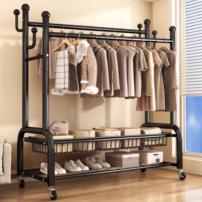 衣帽架落地家用挂衣架宿舍阳台简易晾衣架衣杆架承重收纳双排黑色