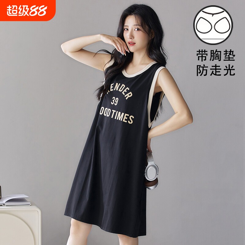 无袖背心睡裙女款夏季宽松带胸垫睡衣高级感印花时尚可外穿连衣裙