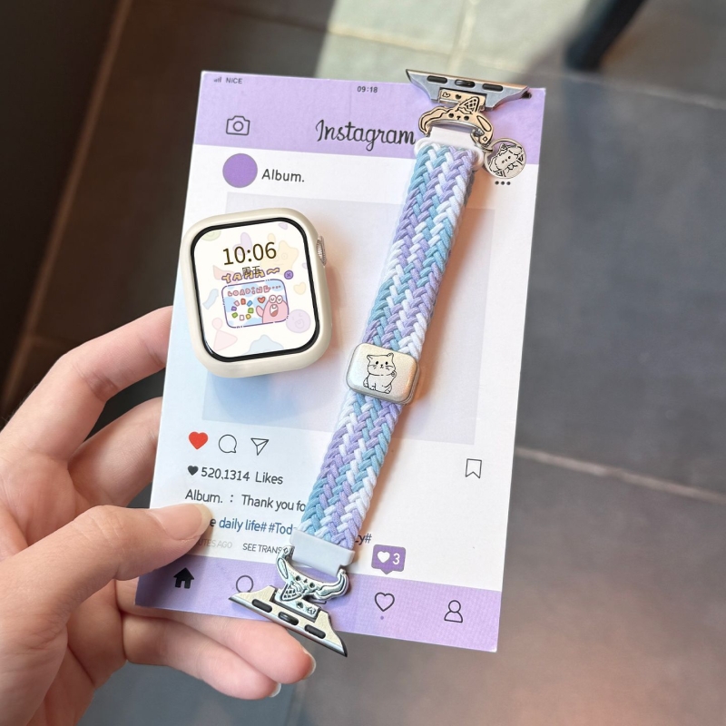 雪糕狗适用苹果手表s10/9/8表带新款磁吸华为fit编织尼龙7/6/5卡通4/3男女生2可爱卡通iqoo透气替换1腕带