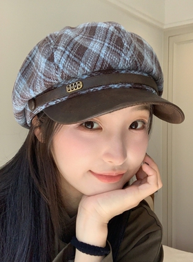 显脸小英伦风格纹毛呢八角帽黑复古贝雷帽女报童帽子红色黑色格子
