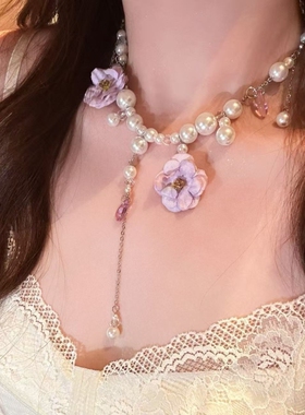 绝美氛围感紫色花朵流苏项链夏日海边度假风气质锁骨链choker新款