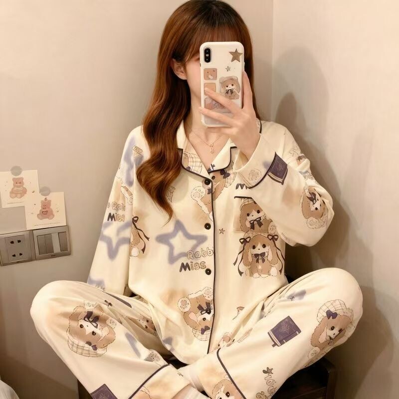 2026年女士睡衣春秋季纯棉长袖长裤大码学生套装带胸垫家居服居家