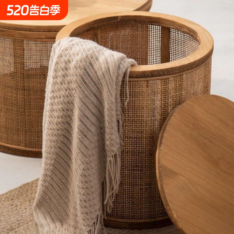 复古圆形圆柱宅寂风实木藤编茶几客厅小户型储物柜角几边几小茶