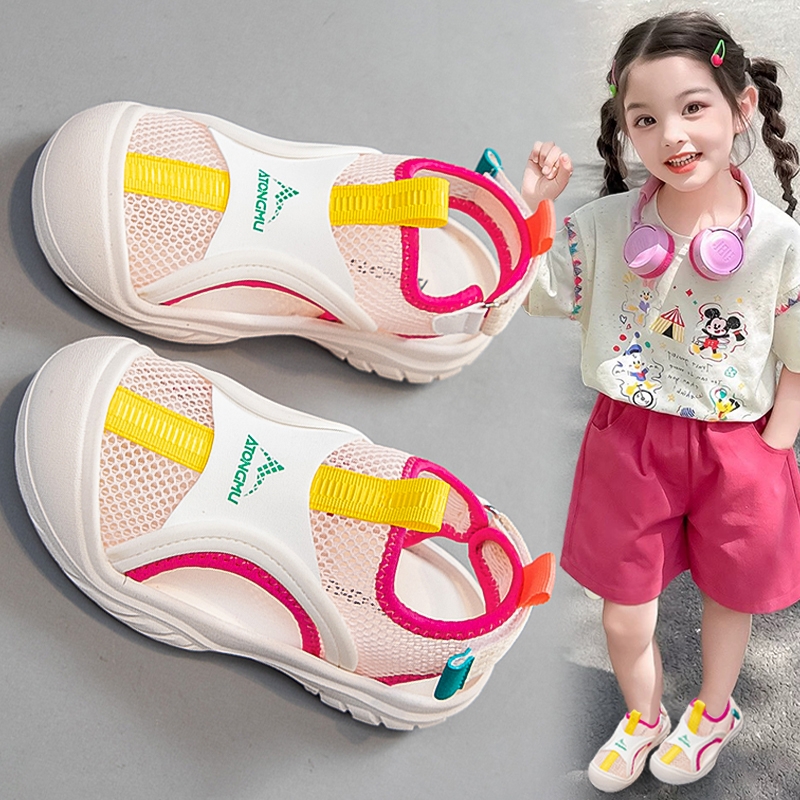 女童凉鞋夏季2025新款儿童网面镂空运动单网鞋女孩包头薄款一脚蹬