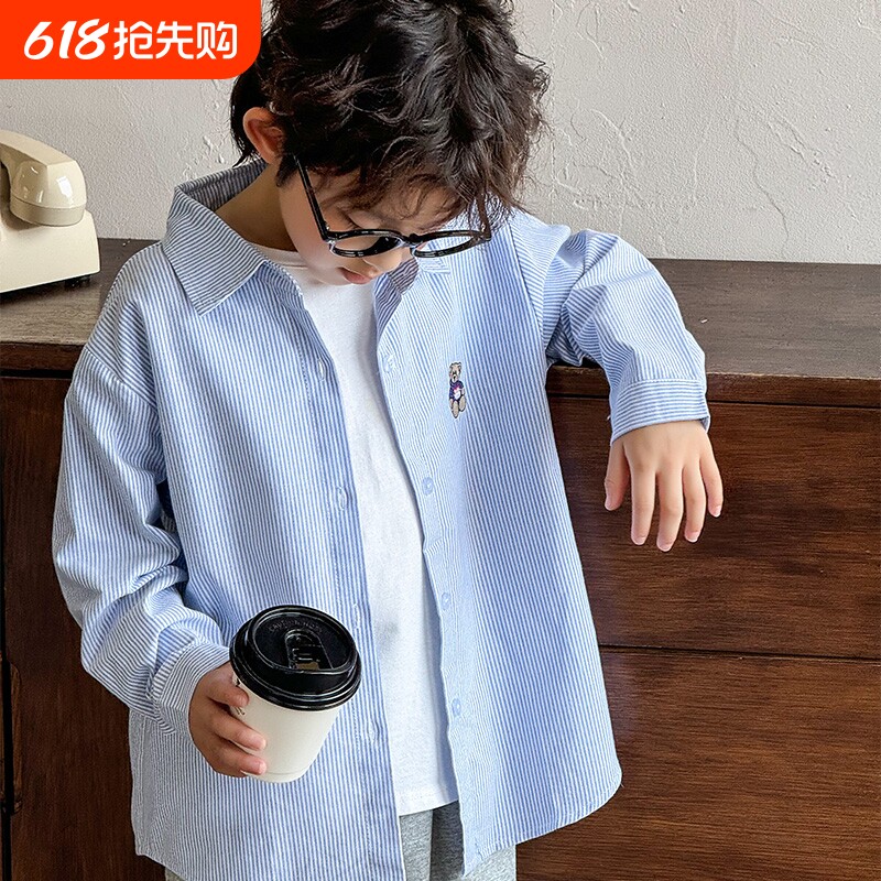 男童衬衫长袖春秋款2026新款中大童洋气时髦上衣男孩休闲衬衣纯棉