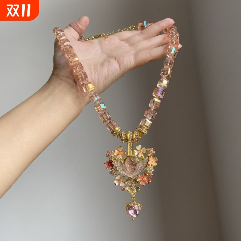 「睡梦天使」粉色串珠爱心流苏项链复古珐琅轻奢气质vintage项链