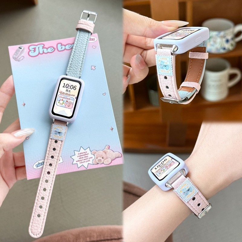 适用华为手环11/10表带新款9秋冬可爱猫布贴pro撞色荔枝纹皮