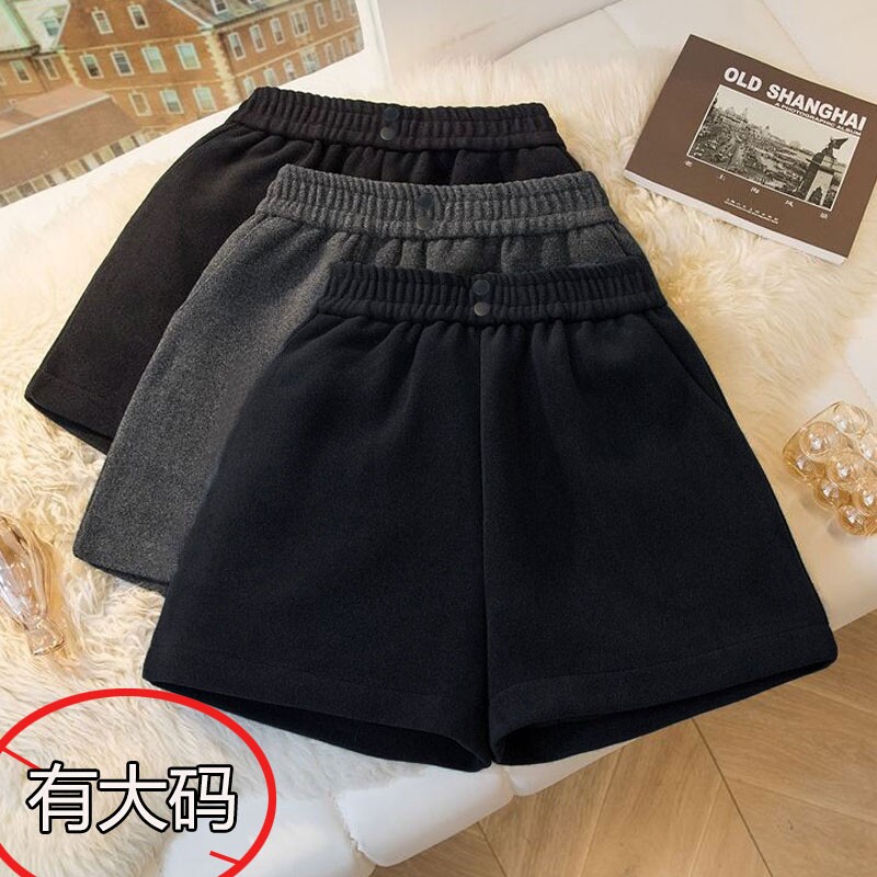 休闲慵懒风黑色毛呢短裤女2026春秋高腰显瘦大码a字外穿阔腿靴裤