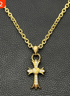 ODEKvintage22k金色满钻桃心十字架项链男女重工爱心吊坠男士欧美