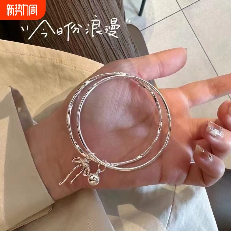 【幂琳】银手镯女纯银9999双环闭口蝴蝶结铃铛足银手镯简约百搭首
