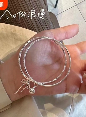 【幂琳】银手镯女纯银9999双环闭口蝴蝶结铃铛足银手镯简约百搭首