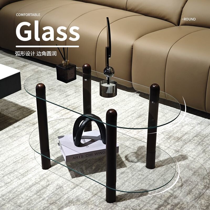 实木北欧钢化玻璃现代茶几透明小户型客厅简约方形家用复古桌子