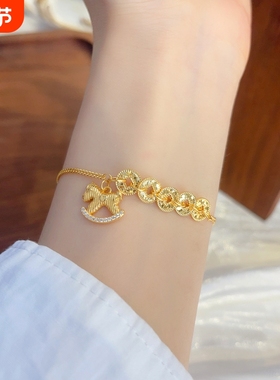 s925纯银碎碎冰五帝钱币欢乐小木马手链女轻奢风小众新中式摇摇马