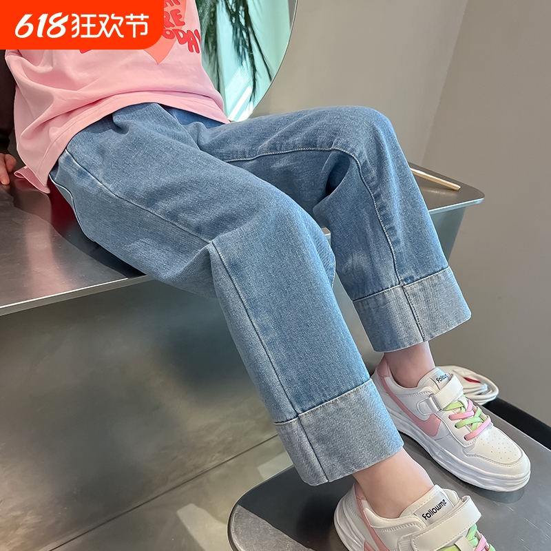 女童直筒裤子春秋季新款拼接长裤童装儿童牛仔裤女孩洋气阔腿裤潮