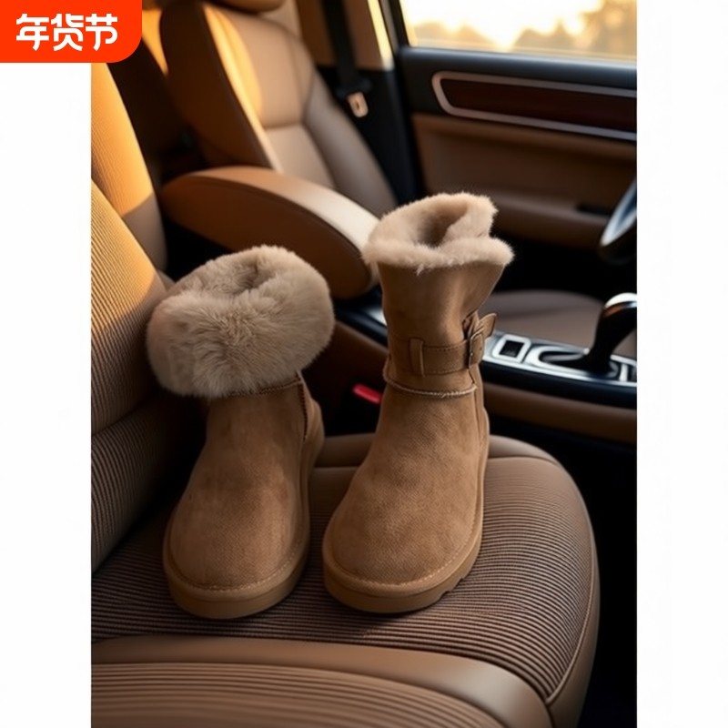 羊皮版~时髦百搭厚底雪地靴女复古绒面皮带扣两穿厚绒保暖棉靴子,女鞋,时尚雪地靴,淘宝优惠券,粉丝福利购,淘宝优惠卷